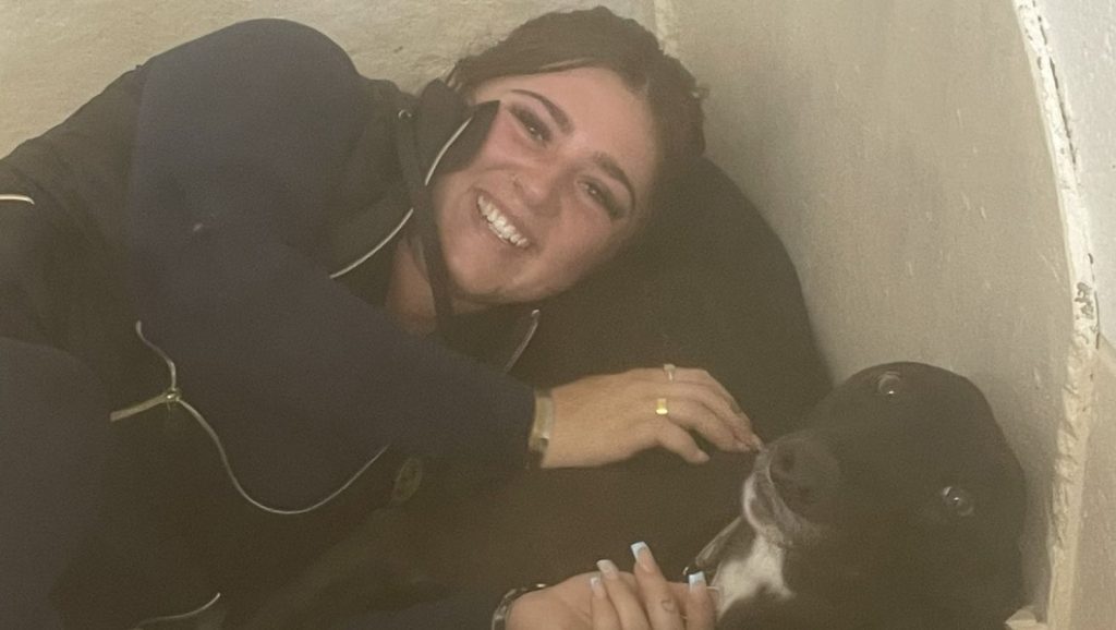 Noir Racing Kennel trainer Abbie Steels has a cuddle with a greyhound